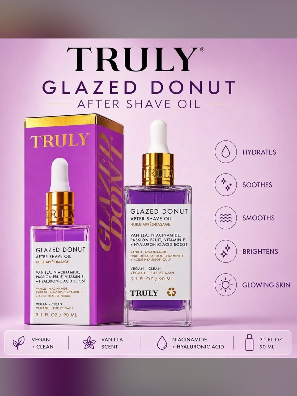 NEW/NIB Truly Glazed Donut After Shave Oil 3.1 fl oz / 90 mL
